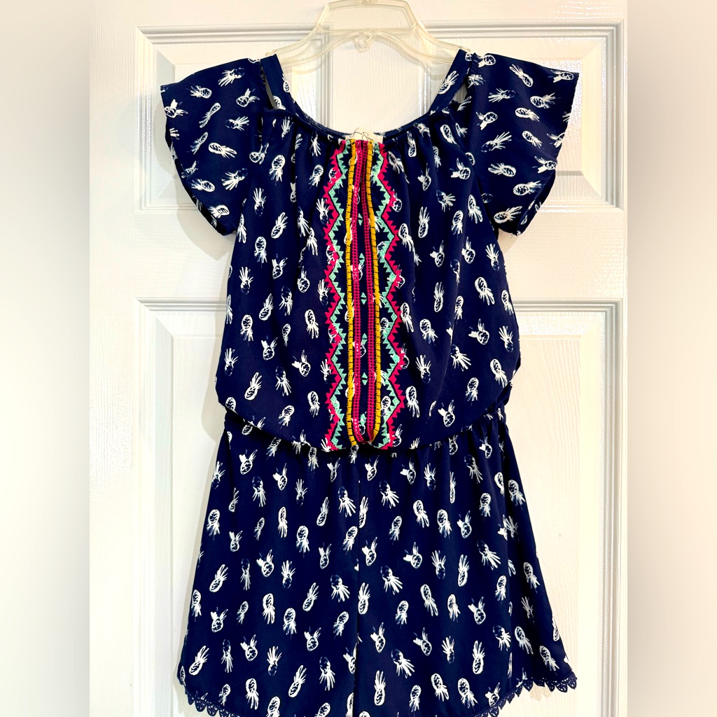 Jessica Simpson Girl’s Navy Blue Patterned Romper With Embroidery